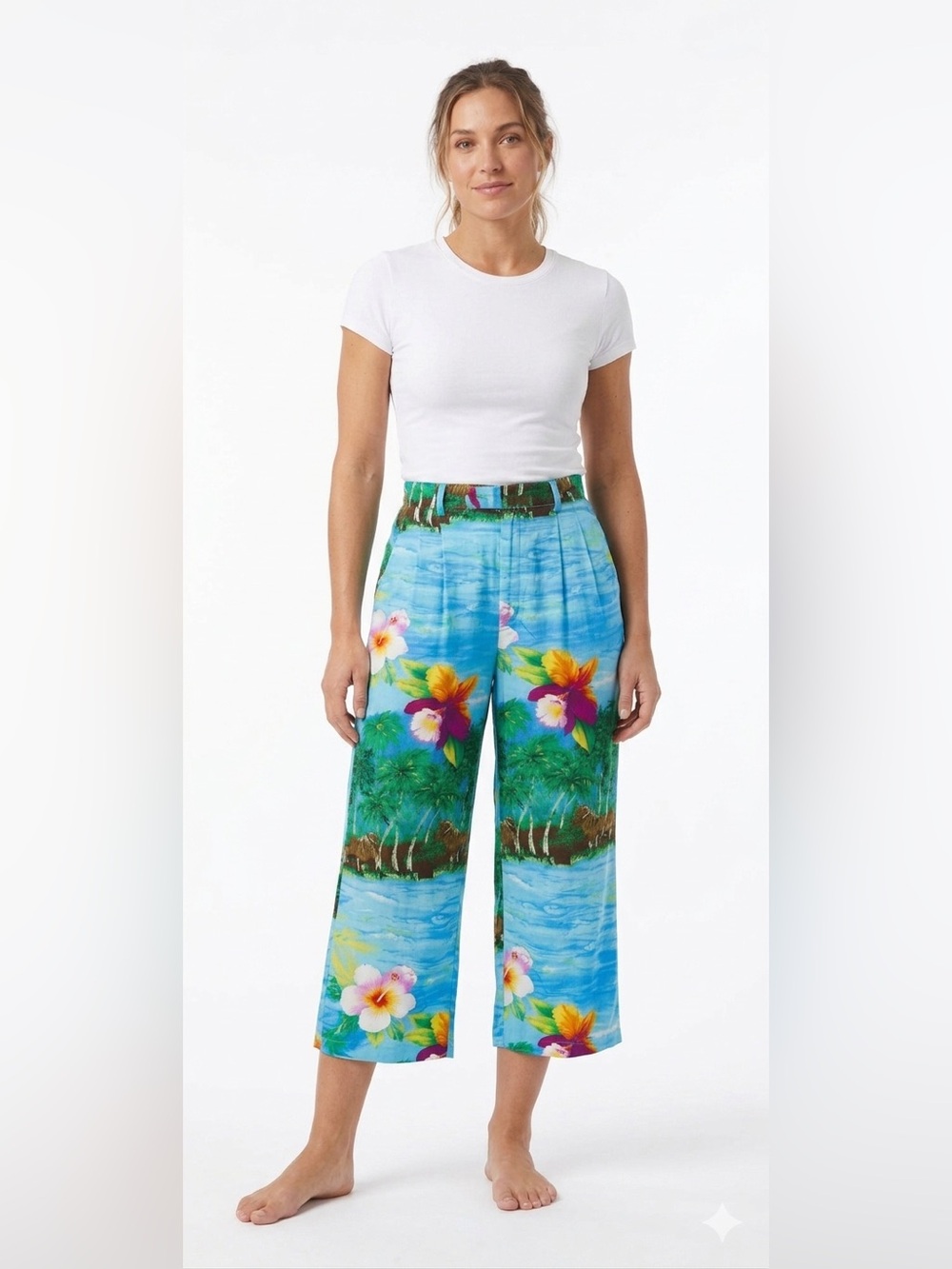 Jams World Orchid Island Tropical Print Rayon cropped Pants Blue Multi Large NWT